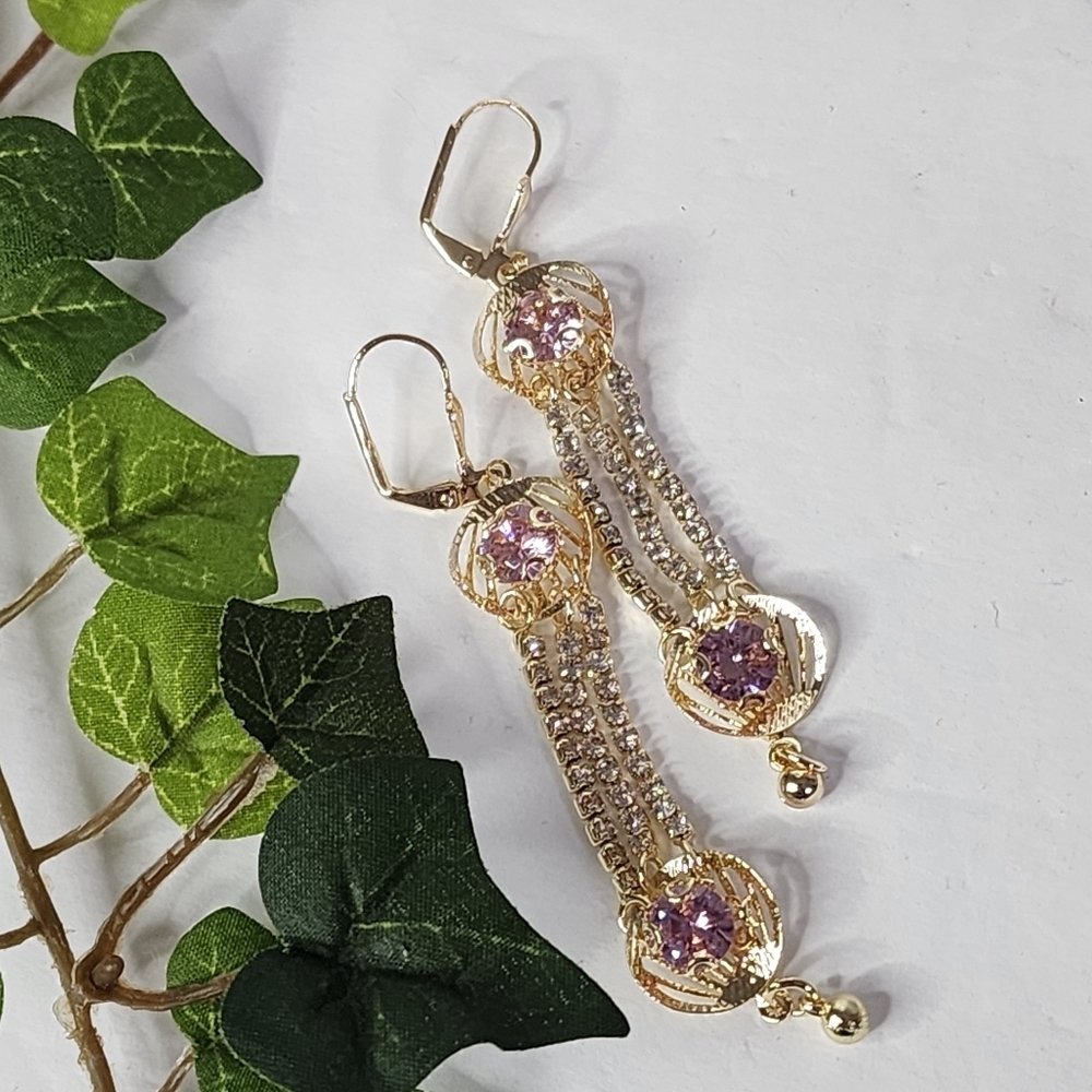 Gold with Pink Zirconia Crystals Dangle Earrings